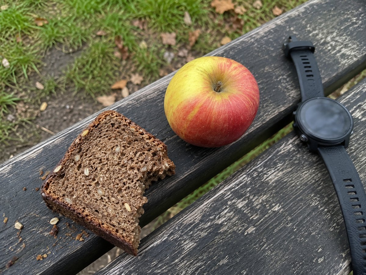 Roggenbrot und ein Apfel auf einer verwitterten Parkbank, daneben eine unscharfe Sportuhr.